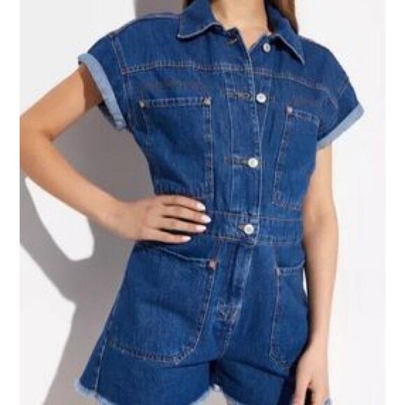 Free People Marci Cuffed Shortalls Button Up Romper Sapphire Blue Denim Sz L - Picture 1 of 11